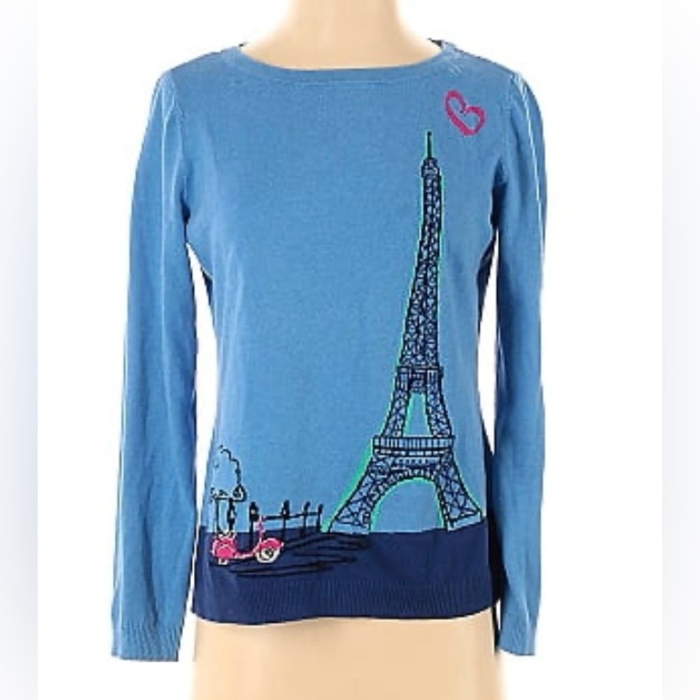 Women’s Talbots blue Eiffel Tower long sleeved cotton sweater. Size sp.